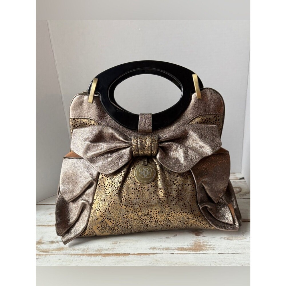 Vintage Original by Sharif 1827 Rare Leather Bow Satchel Bronze Laser Cut